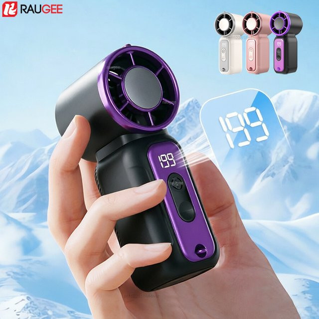 Tragbarer Mini-Handventilator von raugee in Weiß mit LED-Beleuchtung, Digitalanzeige und USB-Wiederaufladung - Bild 1