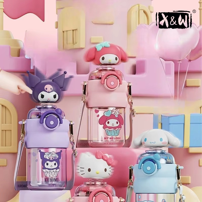 X&W Sanrio Schüttelkopf-Strohhalmbecher mit Trageseil, lila Wasserflasche für Schule und Büro, 600 ml - Bild 2