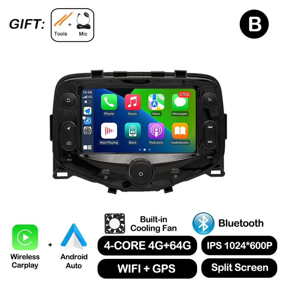 KJ-NAVI Multimedia Autoradio mit Android Auto, Apple CarPlay, GPS und DSP für Toyota Aygo, Peugeot 108 und Citroen C1 (2014 - 2021), Schwarz - Bild 3
