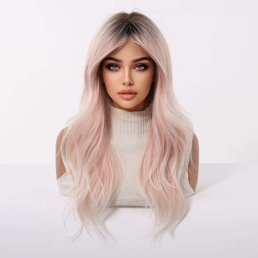 EASIHAIR Perücke, lange gewellte Ombre-Perücke mit Pony, rosa, Damen - Bild 2