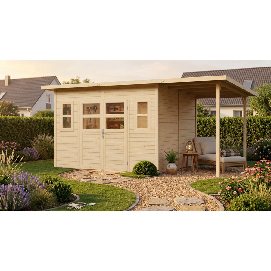 Bertilo Holz-Gartenhaus Felix 4 PLUS XL in Natural mit Flachdach und Elementbauweise - Bild 2