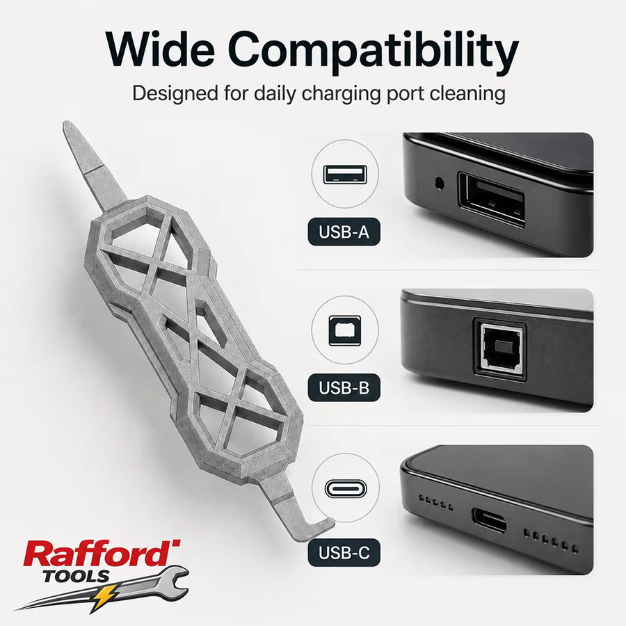 Rafford Tragbarer Ladeanschluss-Reiniger in Grau mit USB-A und USB-C Anschlüssen zur Staubentfernung für dein Telefon - Bild 2