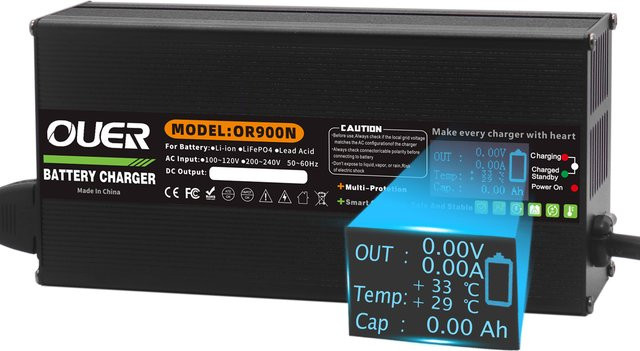 OUER Smart-Ladegerät für 24S 72 V 76,8 V LiFePO4-Akkus, 87,6 V 10A mit OLED-Display und Aluminiumgehäuse, Schwarz - Bild 1