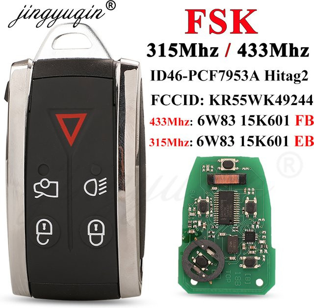 jingyuqin Smart-Funkschlüssel 5-Tasten für Jaguar XF XFR XK XKR XJ8 XK8 ab 2007 in Schwarz (315/433MHz FSK ID46 KR55WK49244 C2P17156 15K601 EB FB) - Bild 1