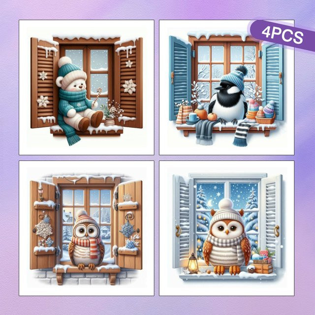 HUACAN 4er Set Diamant-Mosaik-Kit Winter-Tiere mit Schnee-Eule, Bär und Vogel in Mehrfarbig, Vollrunde Bohrer - Bild 1