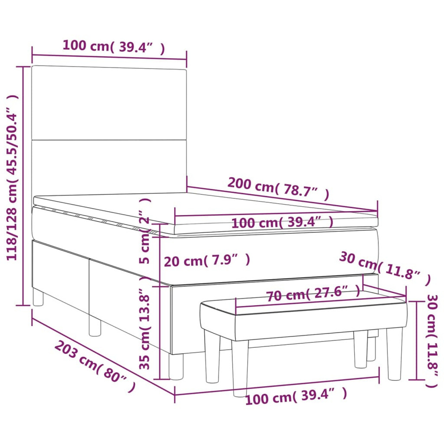 vidaXL Boxspringbett Hybrid mit Matratze, Taupe, Stoff, B/T/H: 100 x 200 cm - Bild 3