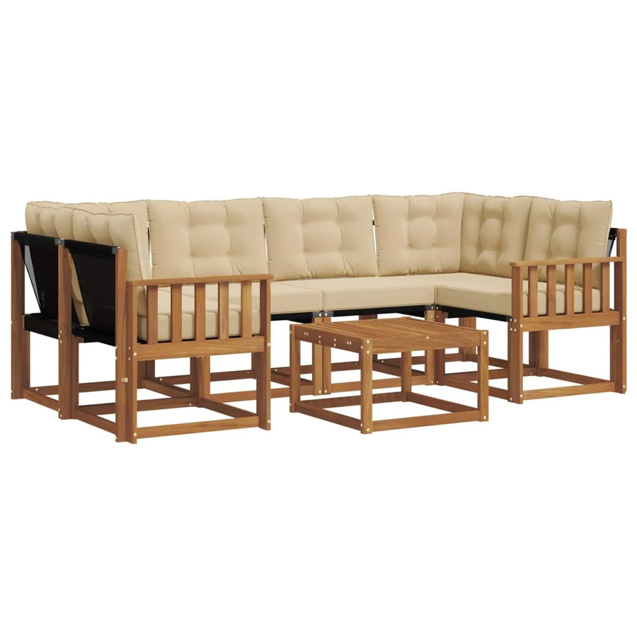 vidaXL Outdoor-Sofagarnitur 7-teilig aus Akazienholz und Textilene in Natur und Beige mit Kissen und Armlehnen - Bild 2