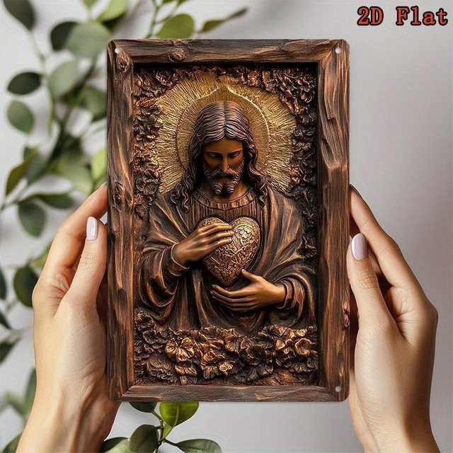Metall-Wanddekoration Heiliges Herz Jesu von CIFBUY in Bronze, rechteckiges 2D-Metallschild für die Wandmontage - Bild 1