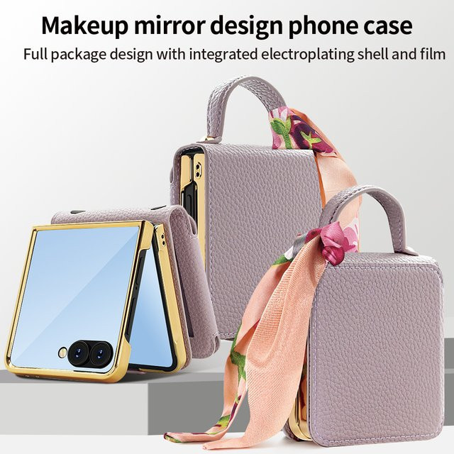 VIETAO Handyhülle für Samsung Galaxy Z Flip 8 7 6 5 4 3 mit Schminkspiegel, Schleifenband und Handriemen aus plattiertem PU-Leder in Grün - Bild 1