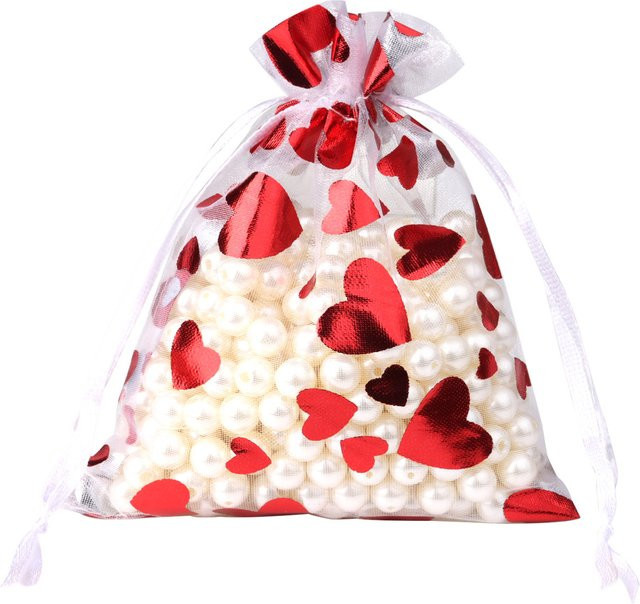 25er Set Chanfar Organza Beutel mit Herz-Motiv in Rot für Hochzeit, Weihnachten und Partys, B/T: 9 x 12 cm, 10 x 15 cm und 13 x 18 cm - Bild 1