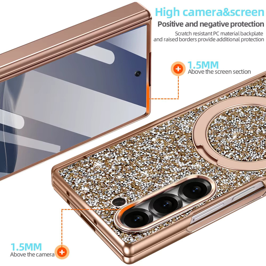 VIETAO Glitzer PU-Leder Handyhülle mit drehbarem Ringhalter und Ständer für Galaxy Z Fold 7 und Galaxy Z Fold 6 in Pink Gold Multicolour mit magnetischem Vollschutz - Bild 2