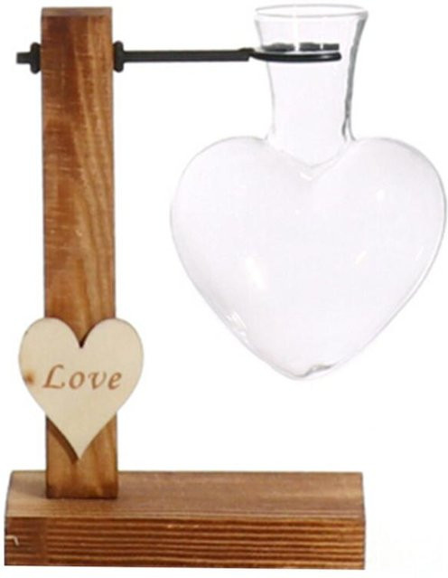 Herzglasvase mit Halterung aus Glas und Holz, transparente herzförmige Hydrokulturvase in Braun für dein Wohnzimmer - Bild 1