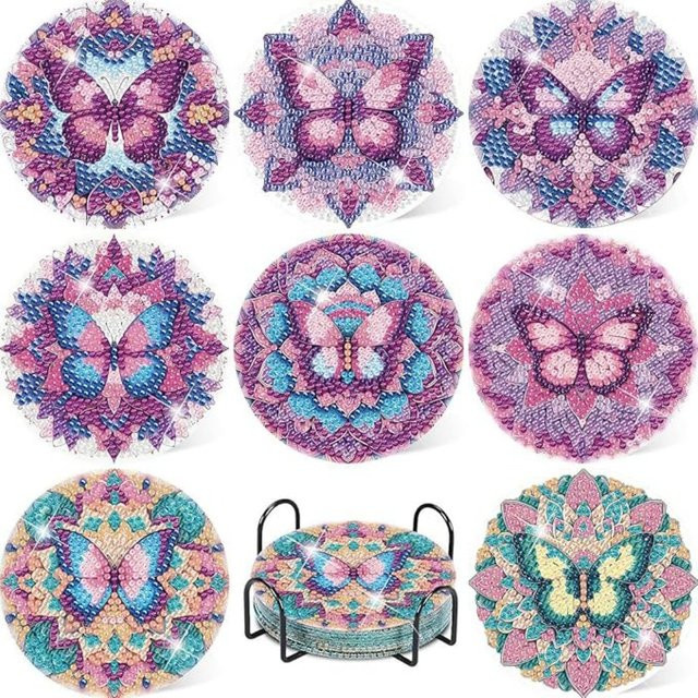 8 Stück Diamant-Kunst Untersetzer mit Halterung im Schmetterlings- und Floral-Design, DIY Set für Erwachsene, Mehrfarbig, Rund - Bild 1