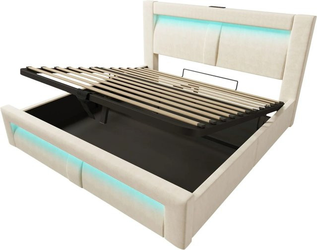 okwish Einzelbett Beige mit Matratze, LED-Beleuchtung, USB-Ladeanschluss und Bettablage, B/T/H: 140 x 200 x 107 cm - Bild 1