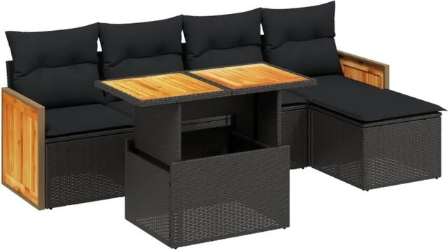 vidaXL 6-teilige Garten-Sofagarnitur aus Poly-Rattan und Akazienholz in Schwarz mit Kissen - Bild 1