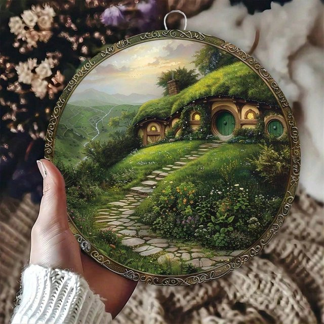 VintageLoom Rustikales Hobbit-Haus Metallschild in Mehrfarbig mit Dämmerungsdesign als runde Wandkunst für drinnen und draußen - Bild 1