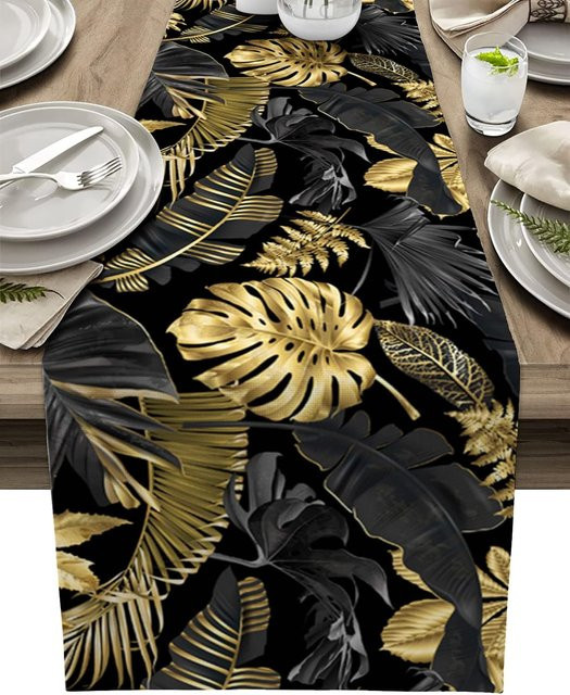 JINGYUE Pet Tischläufer aus Leinen mit tropischem Blättermuster in Schwarz und Gold, B/H: 150 x 33 cm - Bild 1