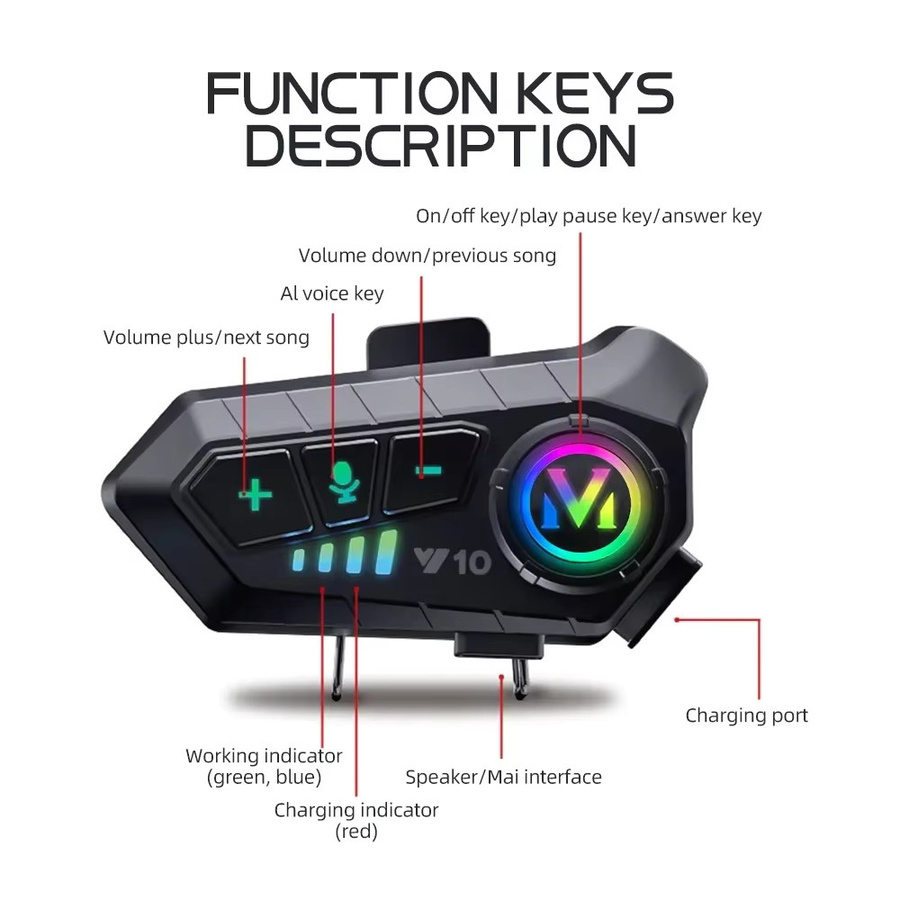 Kebidumei Y10 Motorradhelm-Headset mit Bluetooth 5.3, Stereo-Sprachsteuerung, Freisprechfunktion, IPX6 wasserdicht und Umgebungslicht in Schwarz - Bild 2