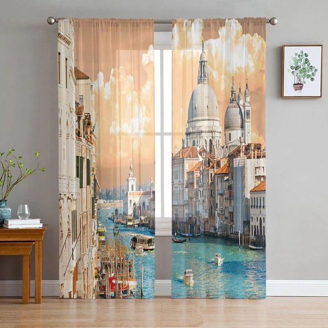 A Family Of Home Textiles Transparenter Tüllvorhang mit Venedig Gebäude und Wasserboot Motiv, Mehrfarbig, Breite: 135 cm, Höhe: 114 cm - Bild 1