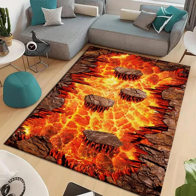 Waschbarer Lavasteppich mit 3D-Flammen-Optik und Lava-Crackle-Design, rutschfeste Bodenmatte für Wohnzimmer und Kinderzimmer, rechteckig, Multicolour - Bild 1