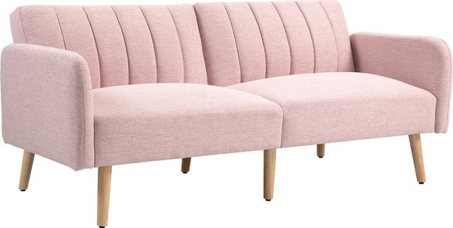Aosom HOMCOM Schlafsofa 2-Sitzer im skandinavischen Design mit 3-fach verstellbarer Rückenlehne, Leinenoptik aus Stoff in Rosa und Holzfüßen aus Gummholz - Bild 1