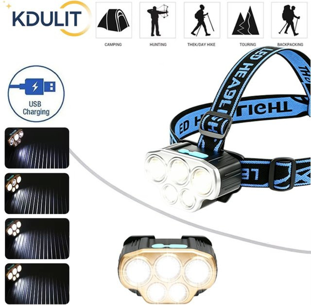 KDULIT Leistungsstarke 5-LED-Stirnlampe in Schwarz, USB-aufladbare Wasserdichte Kopflampe für Outdoor, Camping und Sport - Bild 1