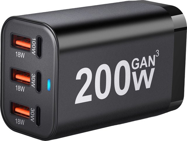 Deepartner 200W USB-C Schnellladegerät mit 6 Ports, kompaktes Netzteil in Schwarz für iPhone und Samsung Galaxy - Bild 1