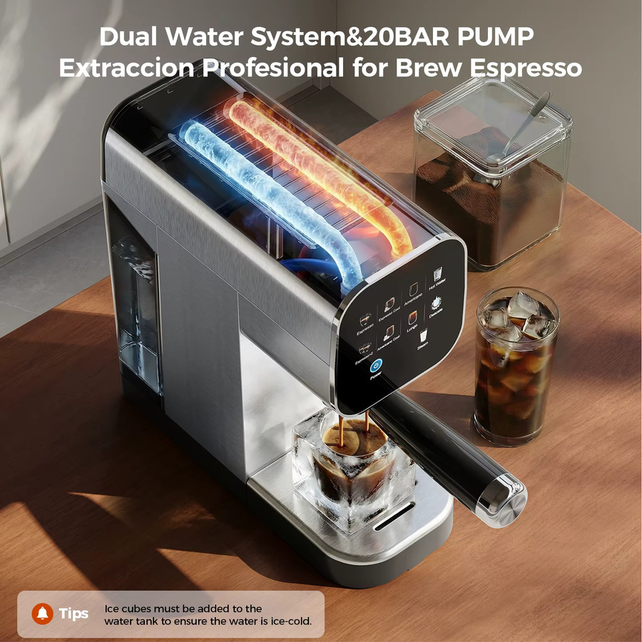 Patbrela Halbautomatische Espresso-Kaffeemaschine mit 20 Bar, Dual Boiler System, Kaltbrüh-Funktion und 4-in-1 Siebträger in Silber aus Edelstahl - Bild 4