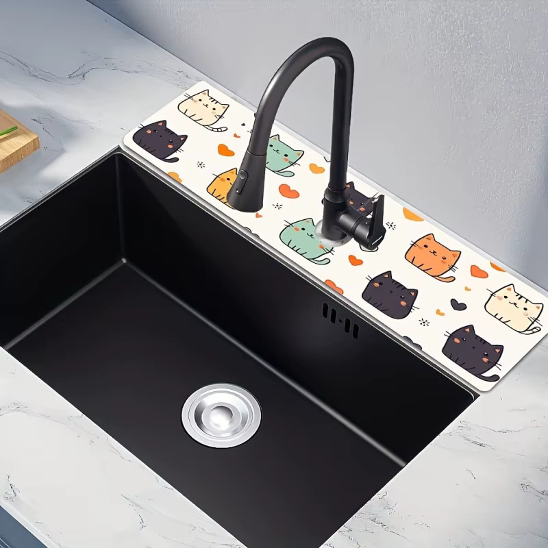 VIKAMA Spülbeckenschutzmatte mit Katzenmuster in Macaron-Farben als Abtropfmatte für die Küchenarmatur und Arbeitsplatte - Bild 3