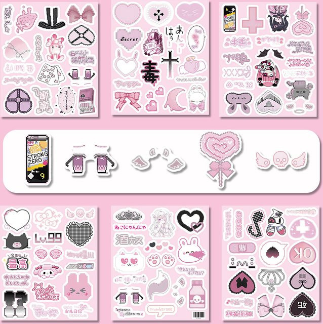 Mine-Kei Aufkleber-Set mit 103 Stück in Pink – Ästhetisches Yami Kawaii Dekor für deinen Laptop - Bild 1