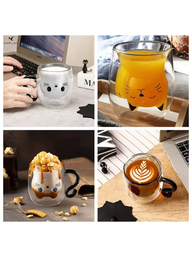 YOCITY Doppelwandige Glas-Tasse mit Katzenmotiv in Transparent - Bild 6