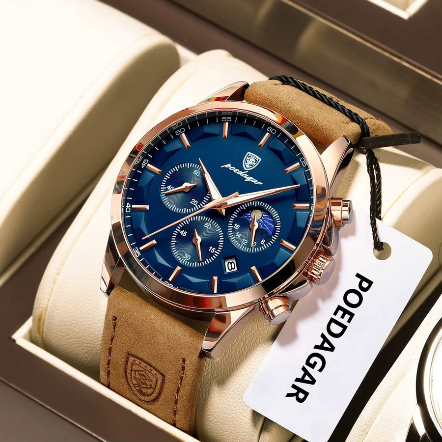 POEDAGAR Armbanduhr Chronograph, Quarz, Leder, Schwarz, Herren - Bild 2