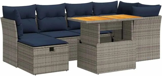 vidaXL 7-teilige Garten-Sofagarnitur aus Poly-Rattan und Akazienholz in Schwarz und Grau mit Kissen - Bild 1