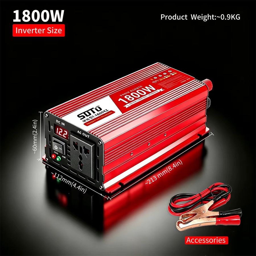 SUTU Reiner Sinus-Wechselrichter DC 12V/24V zu AC 220V 50Hz mit Universal- und Europasteckdose in Rot - Bild 2