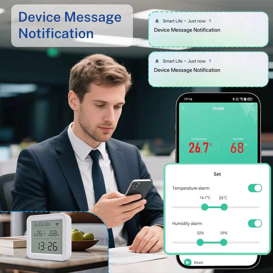 Tuya Smart Home WIFI Temperatur- und Feuchtigkeitssensor in Weiß mit Hintergrundbeleuchtung, kompatibel mit Smart Life, Alexa und Google Assistant - Bild 2