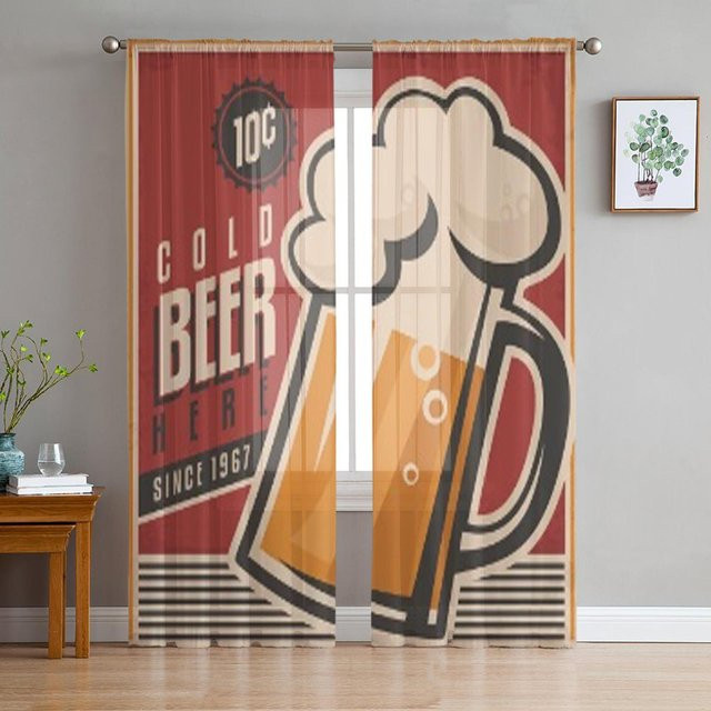 Super Six Retro-Bier-Vorhang aus Chiffon in Braun, transparenter Organza-Voile für Wohnzimmer und Schlafzimmer, Breite: 135 cm, Höhe: 114 cm - Bild 1