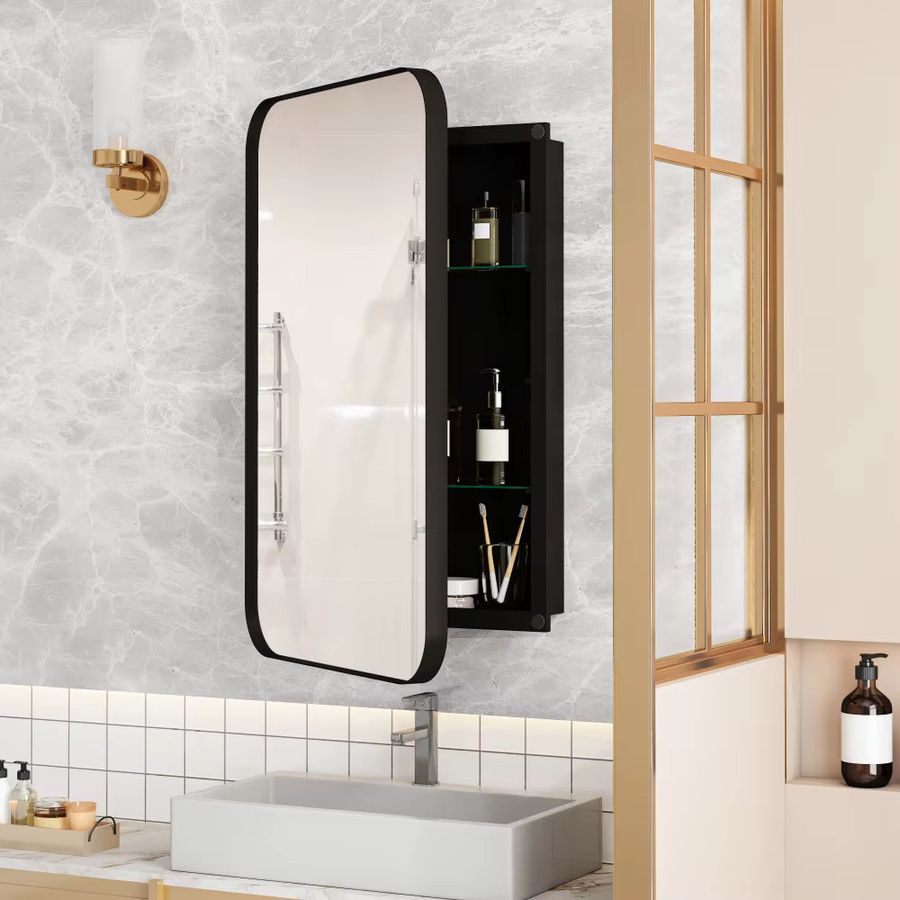 BOMP Spiegelschrank in Schwarz, moderner rechteckiger Wandschrank mit Metallrahmen, Glastüren und verstellbaren Regalen - Bild 1