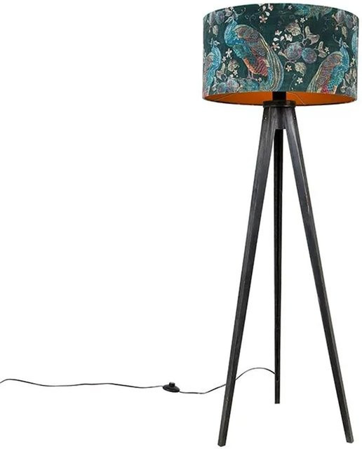 QAZQA Tripod Classic Stehlampe Schwarz mit Pfauen-Stoffschirm aus Holz und Stoff, dimmbar, E27 - Bild 1