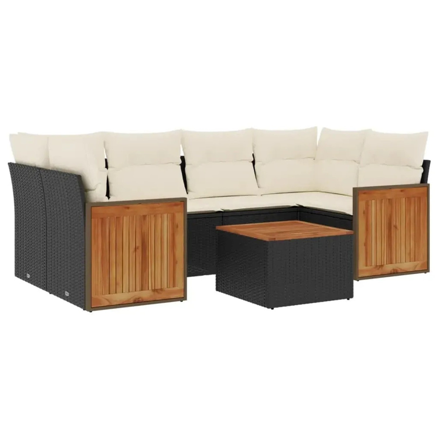 vidaXL 7-teilige Garten-Sofagarnitur aus Poly-Rattan und Akazienholz in Schwarz-Creme mit Kissen - Bild 2
