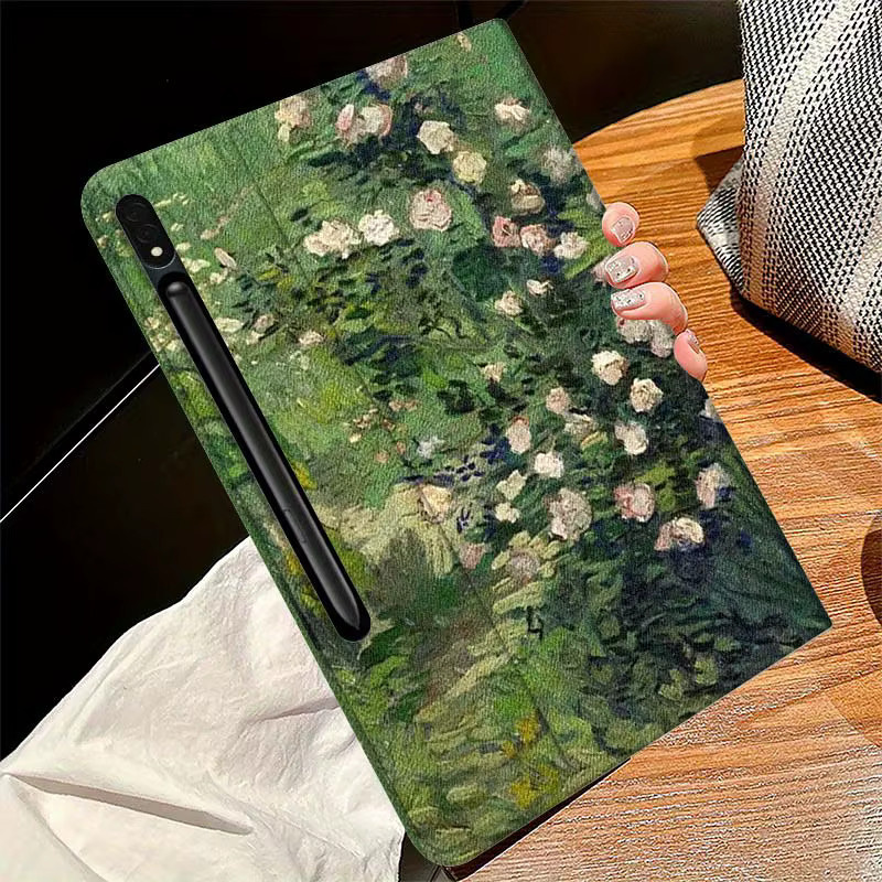 Samsung Galaxy Tab S9 S10 S8 S7 S6 FE Plus Lite Schutzhülle mit faltbarer Abdeckung und Blumen-Ölgemälde Design in Multicolour - Bild 2