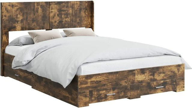 vidaXL Bettgestell mit Kopfteil und Stauraum in Geräucherte Eiche, B/T/H: 120 x 200 x 126,5 cm - Bild 1