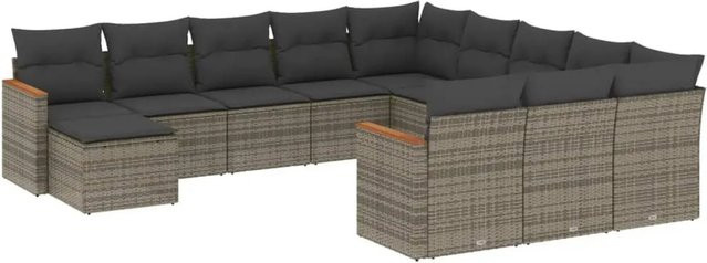 vidaXL 12-tlg Garten-Sofagarnitur in L-Form aus grauem Poly-Rattan mit Kissen und Ottoman, Modell 35 - Bild 1