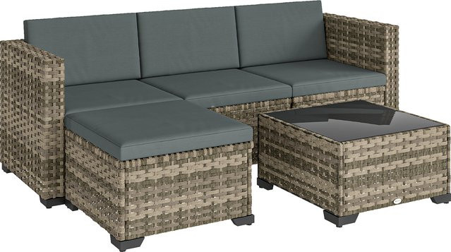 Outsunny 5-teiliges Rattan-Garten-Set mit Kissen in Dunkelgrau bestehend aus 2 Ecksesseln, Sesseln ohne Armlehnen, einem Fußhocker und einem Couchtisch - Bild 1