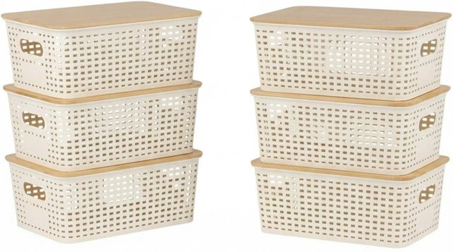 Relaxdays Aufbewahrungsbox aus Kunststoff und Bambus in Weiß, 6er-Pack, perforiert, B/T/H: 25,5 x 10,5 x 18 cm - Bild 1