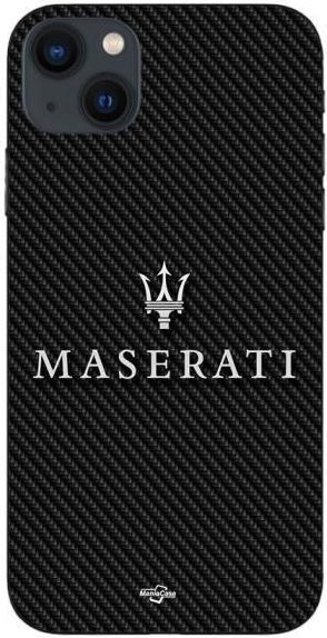Maniacase iPhone 14 Plus Hülle mit Maserati Design in Weiß und Schwarz aus starrem Silikon mit Carbon-Hintergrund - Bild 1