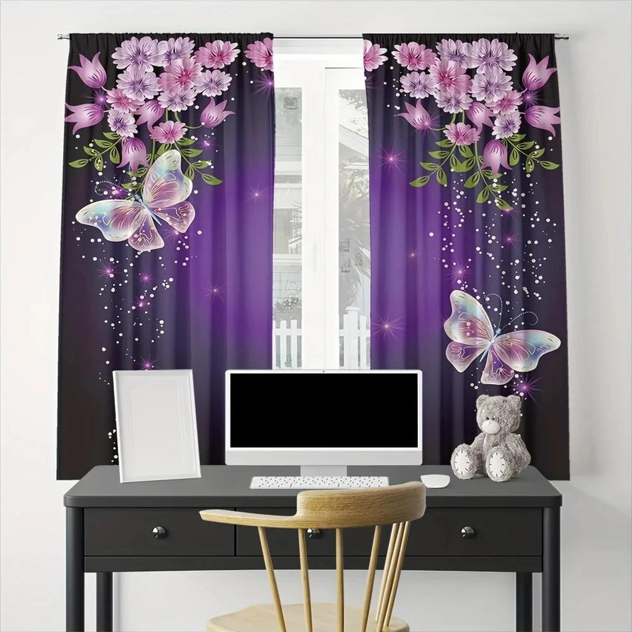 2er-Set Yiran Furniture Vorhänge mit Rose und Schmetterling in Lila, transparentes Polyester, B/H: 60 x 50 cm - Bild 4