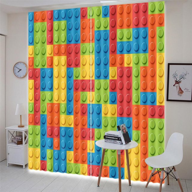 Bunte Kinder Vorhänge mit Cartoon-Baustein-Design, semi-transparent, Polyester, B: 50 cm, H: 130 cm, 2er-Set mit Ösen - Bild 1