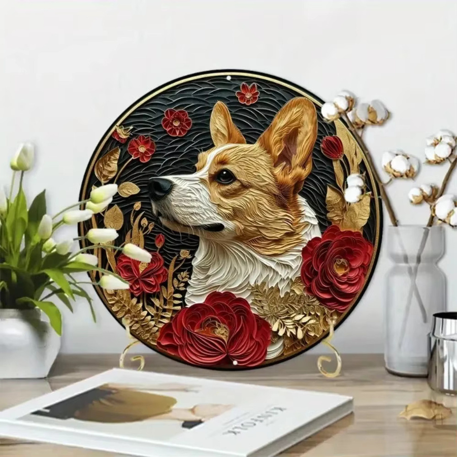 HELLOYOUNG Oster-Wanddekoration Pembroke Welsh Corgi aus Metall, Rund, Weiß/Mehrfarbig, Durchmesser: 20,3 cm - Bild 2
