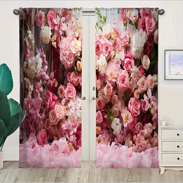 2er-Set halbverdunkelnde Vorhänge mit Blumenmuster in Mehrfarbig, Breite: 70 cm, Höhe: 185 cm - Bild 1