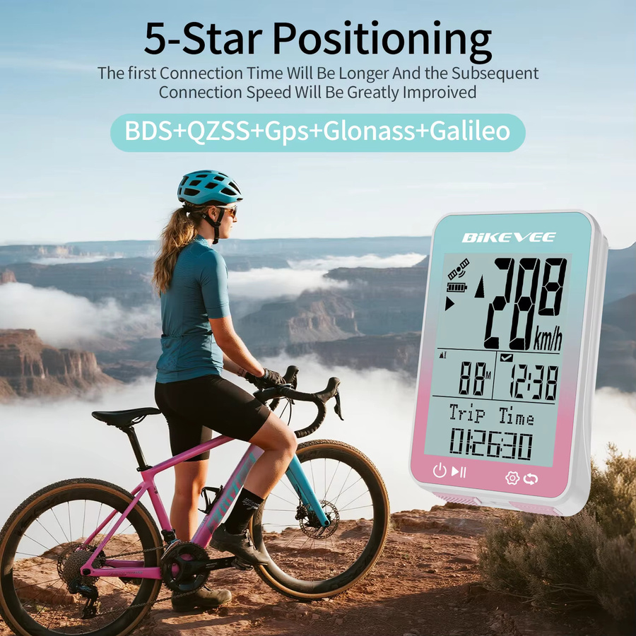 Bikevee Multifunktionaler GPS-Fahrradcomputer in Weiß mit 8 Sprachen und Auto-Hintergrundbeleuchtung als kabelloser Fahrrad-Tachometer und Kilometerzähler - Bild 3